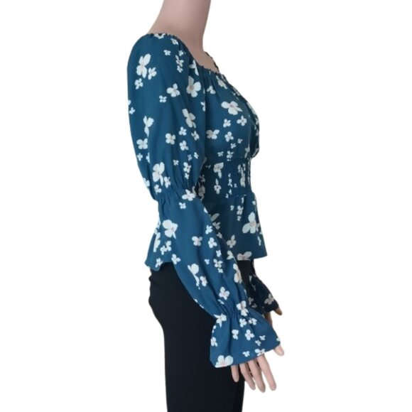 Blue Floral Smocked Ruffle Top M Puffed Sleeves Off Shoulder Blouson Blouse - Picture 4 of 13